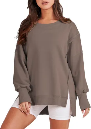ANRABESS Women's Oversized Sweatshirts Crew Neck Long Sleeve Shirts Casual Loose Slit 2025 Fall Clothes