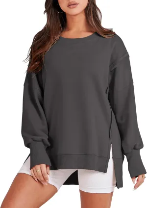 ANRABESS Women's Oversized Sweatshirts Crew Neck Long Sleeve Shirts Casual Loose Slit 2025 Fall Clothes