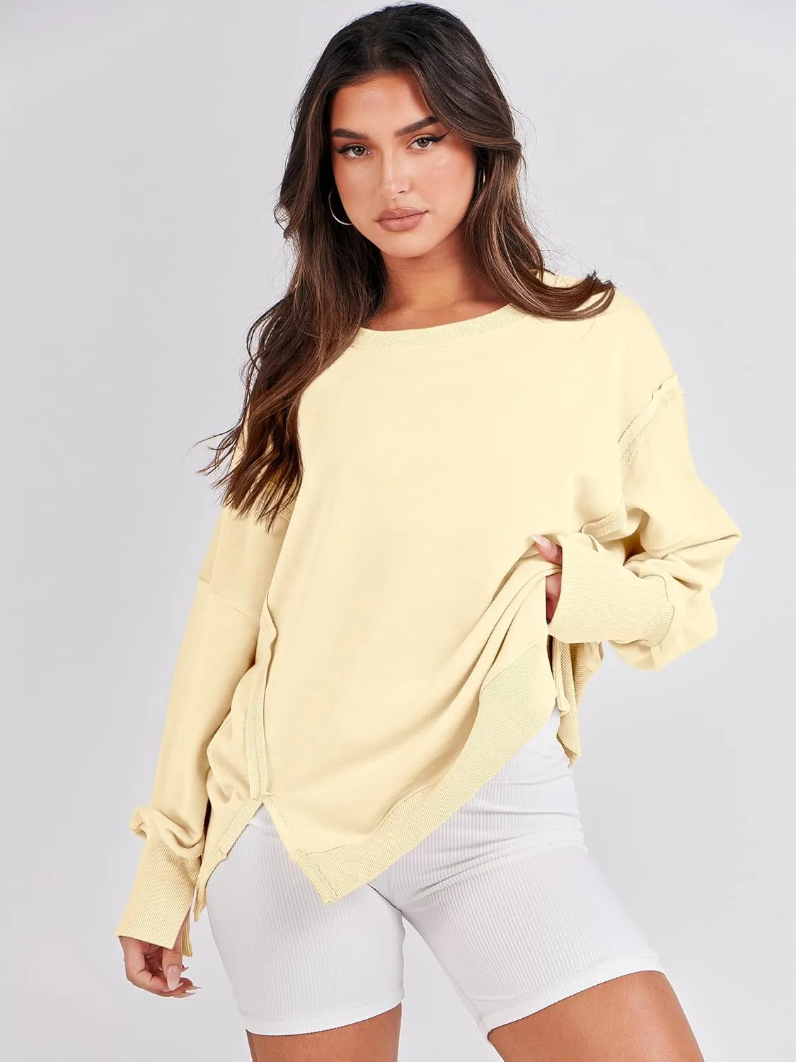 ANRABESS Women's Oversized Sweatshirts Crew Neck Long Sleeve Shirts Casual Loose Slit 2025 Fall Clothes