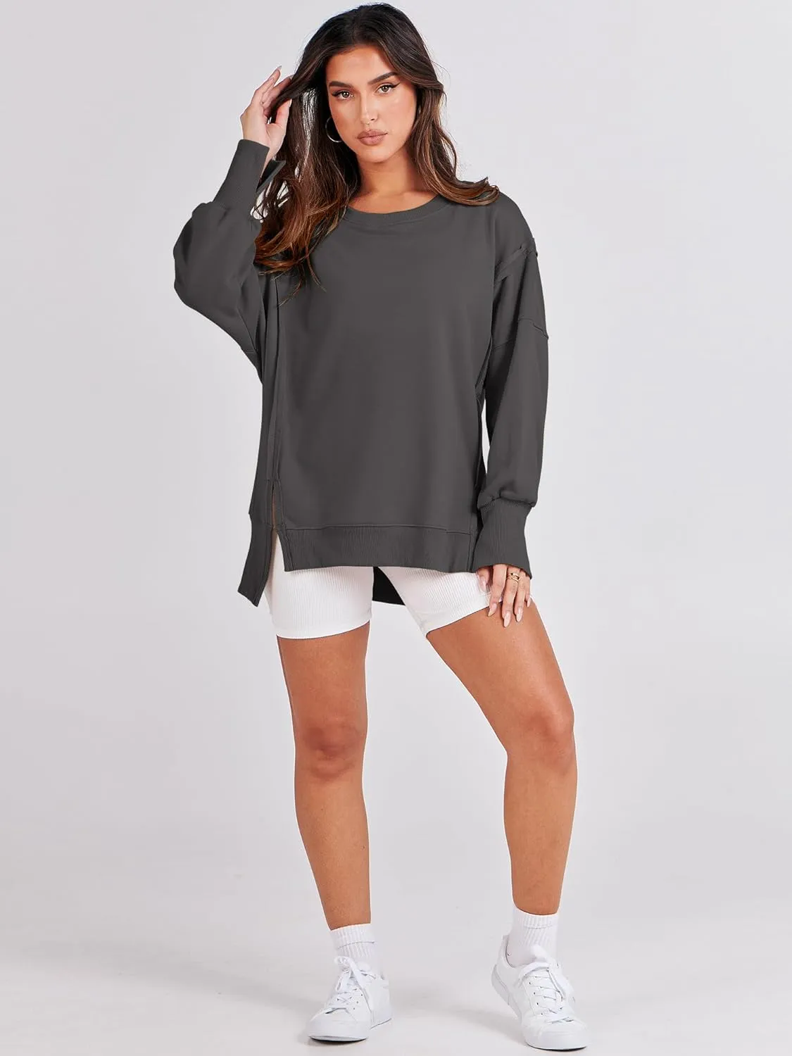 ANRABESS Women's Oversized Sweatshirts Crew Neck Long Sleeve Shirts Casual Loose Slit 2025 Fall Clothes