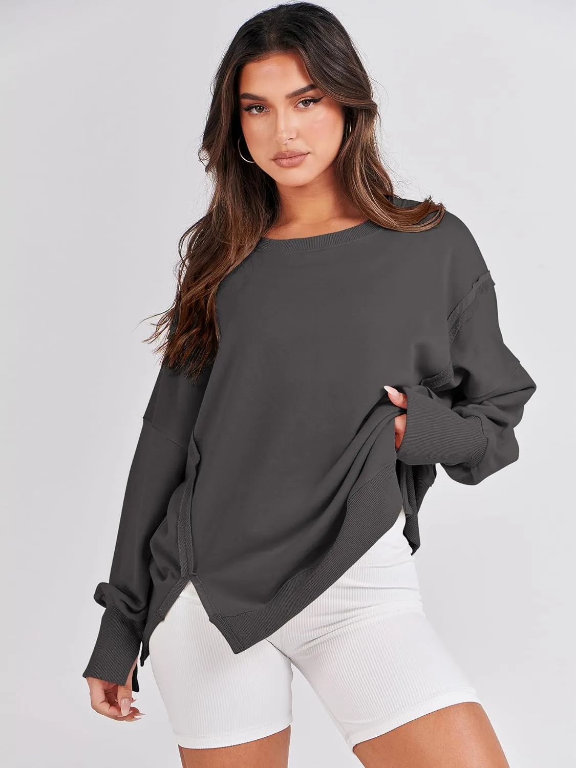 ANRABESS Women's Oversized Sweatshirts Crew Neck Long Sleeve Shirts Casual Loose Slit 2025 Fall Clothes
