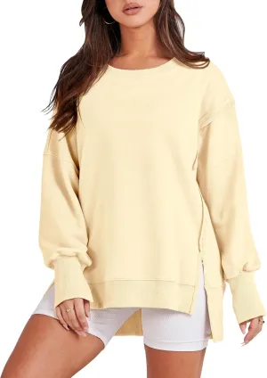ANRABESS Women's Oversized Sweatshirts Crew Neck Long Sleeve Shirts Casual Loose Slit 2025 Fall Clothes