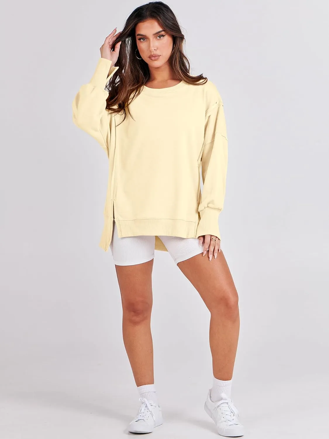 ANRABESS Women's Oversized Sweatshirts Crew Neck Long Sleeve Shirts Casual Loose Slit 2025 Fall Clothes