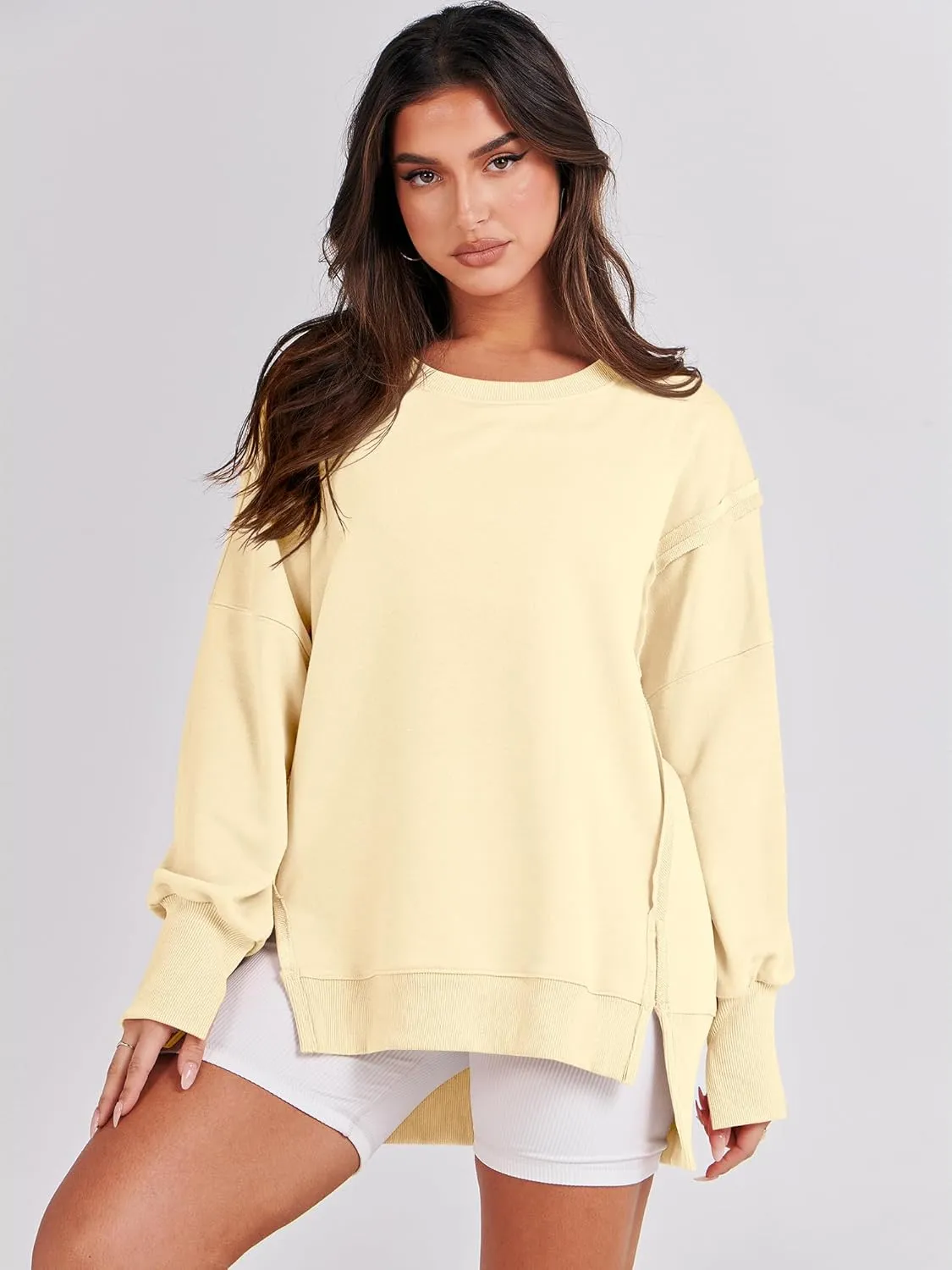 ANRABESS Women's Oversized Sweatshirts Crew Neck Long Sleeve Shirts Casual Loose Slit 2025 Fall Clothes