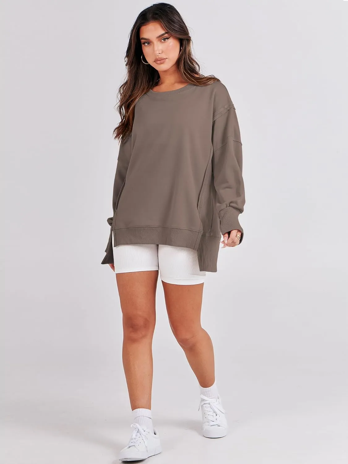 ANRABESS Women's Oversized Sweatshirts Crew Neck Long Sleeve Shirts Casual Loose Slit 2025 Fall Clothes
