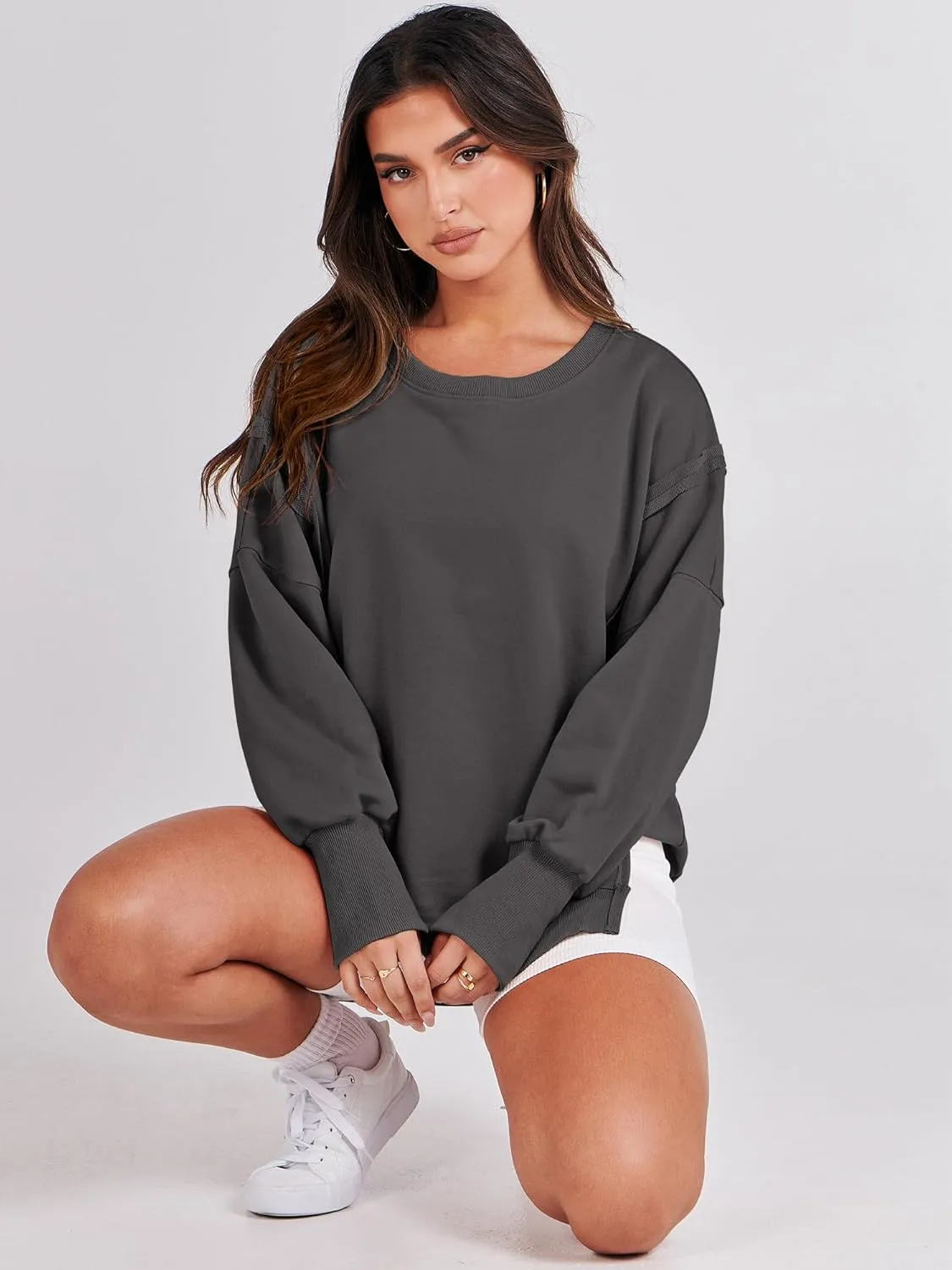 ANRABESS Women's Oversized Sweatshirts Crew Neck Long Sleeve Shirts Casual Loose Slit 2025 Fall Clothes