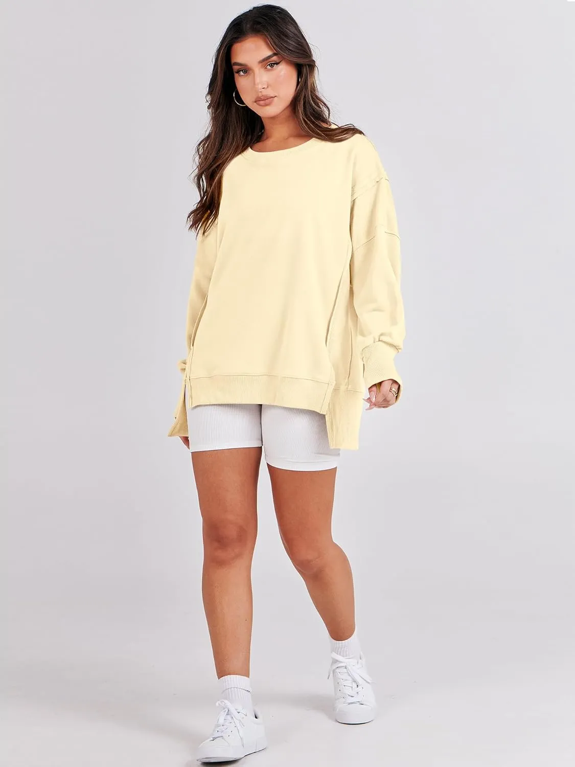 ANRABESS Women's Oversized Sweatshirts Crew Neck Long Sleeve Shirts Casual Loose Slit 2025 Fall Clothes