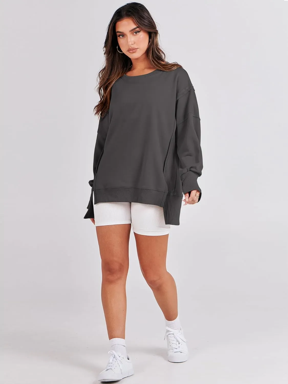 ANRABESS Women's Oversized Sweatshirts Crew Neck Long Sleeve Shirts Casual Loose Slit 2025 Fall Clothes