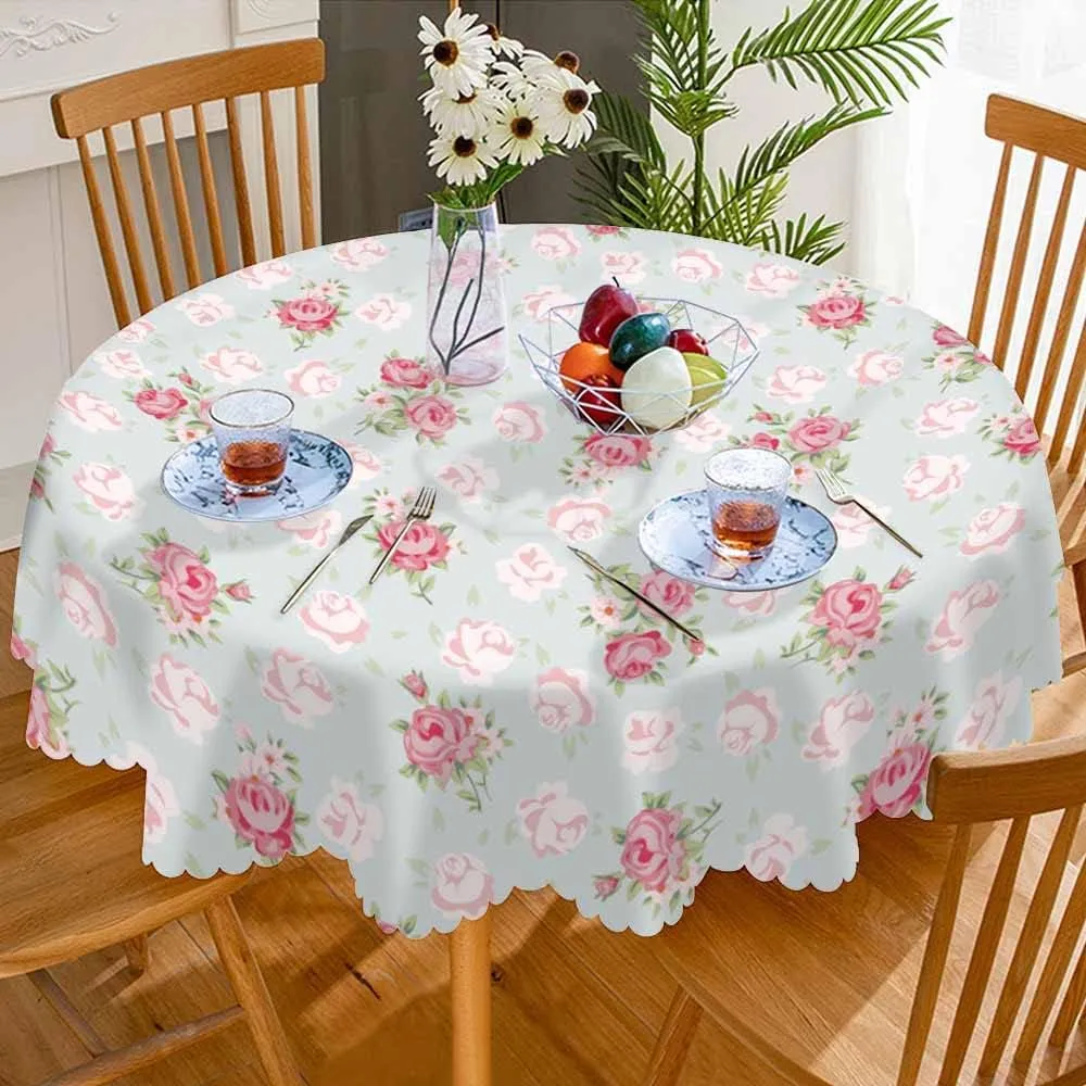 AOYEGO Pink Rose Table Cloth Chic Flowers Romantic Vintage Style Spring Round Tablecloth 60 Inch for Dining Room, Party, Banquet