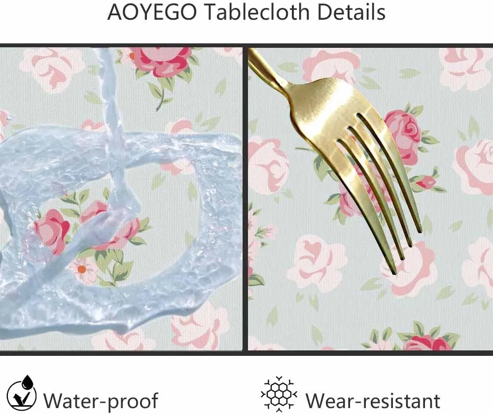 AOYEGO Pink Rose Table Cloth Chic Flowers Romantic Vintage Style Spring Round Tablecloth 60 Inch for Dining Room, Party, Banquet