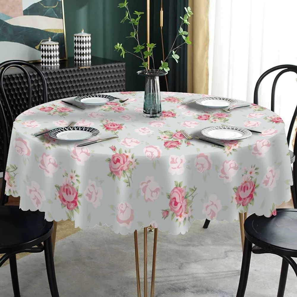 AOYEGO Pink Rose Table Cloth Chic Flowers Romantic Vintage Style Spring Round Tablecloth 60 Inch for Dining Room, Party, Banquet
