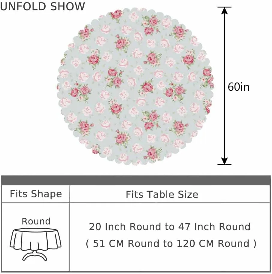 AOYEGO Pink Rose Table Cloth Chic Flowers Romantic Vintage Style Spring Round Tablecloth 60 Inch for Dining Room, Party, Banquet