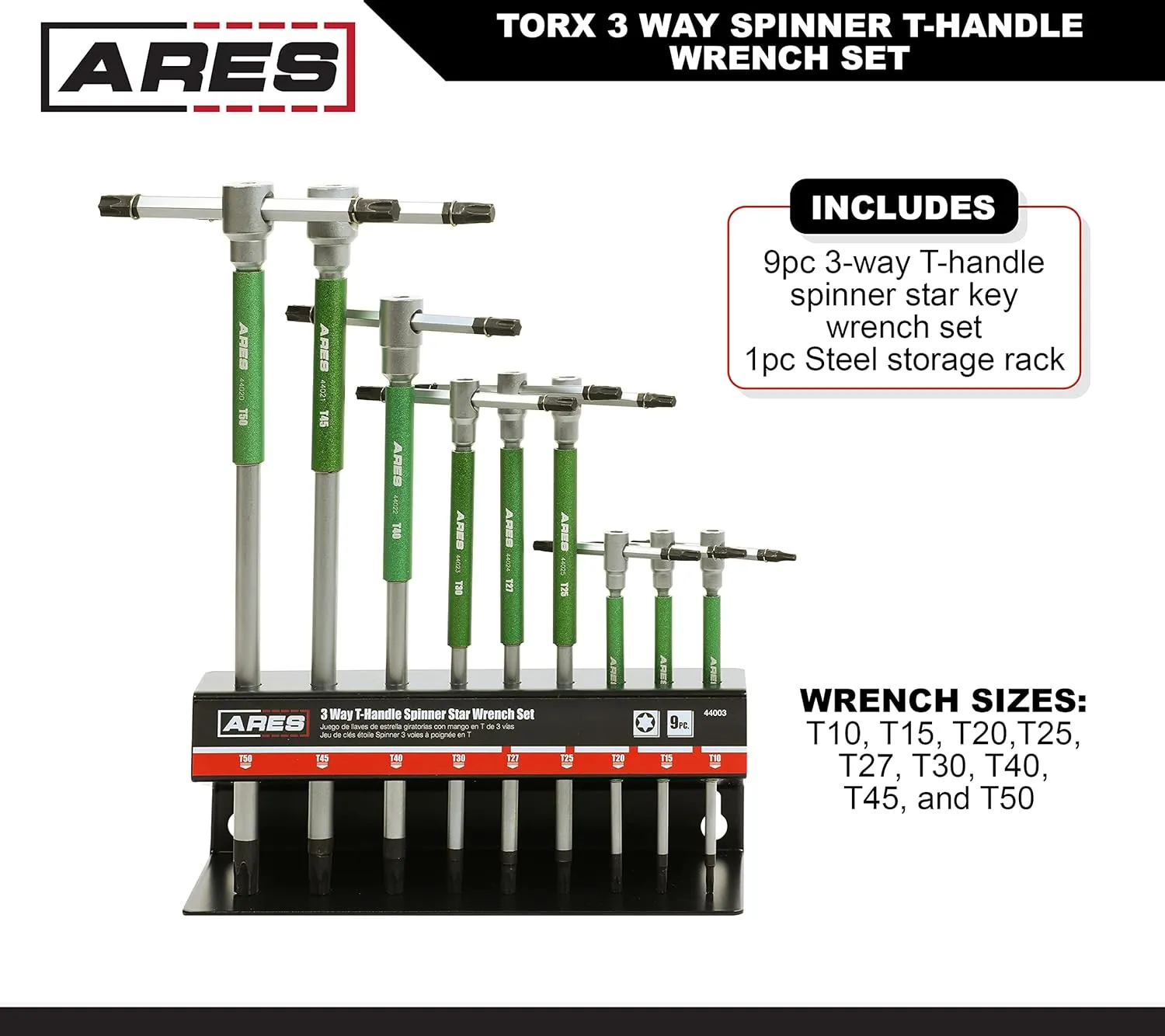 ARES 44003 – 9-Piece Torx 3-Way T-Handle Spinner Star Key Wrench Set – Sizes from T10 to T50 – Sliding Handle, Spinning Sleeve for Versatile Speed and Leverage Application – Friction Treated Tips