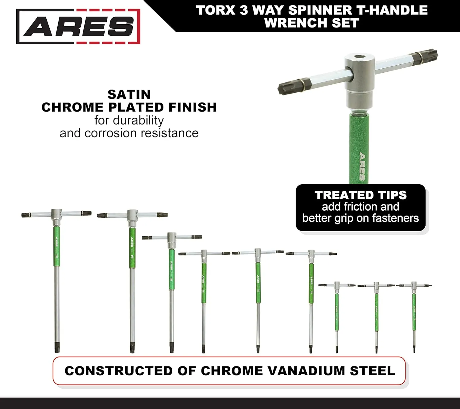 ARES 44003 – 9-Piece Torx 3-Way T-Handle Spinner Star Key Wrench Set – Sizes from T10 to T50 – Sliding Handle, Spinning Sleeve for Versatile Speed and Leverage Application – Friction Treated Tips