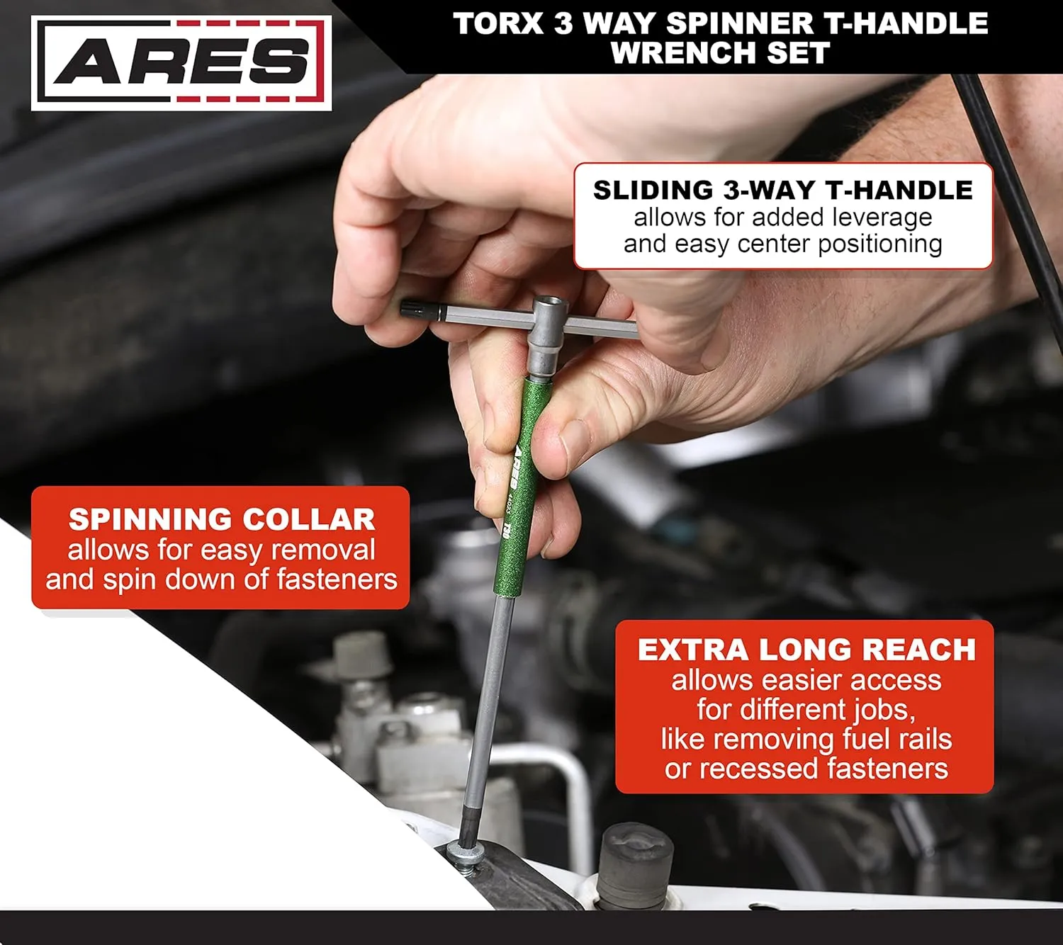 ARES 44003 – 9-Piece Torx 3-Way T-Handle Spinner Star Key Wrench Set – Sizes from T10 to T50 – Sliding Handle, Spinning Sleeve for Versatile Speed and Leverage Application – Friction Treated Tips
