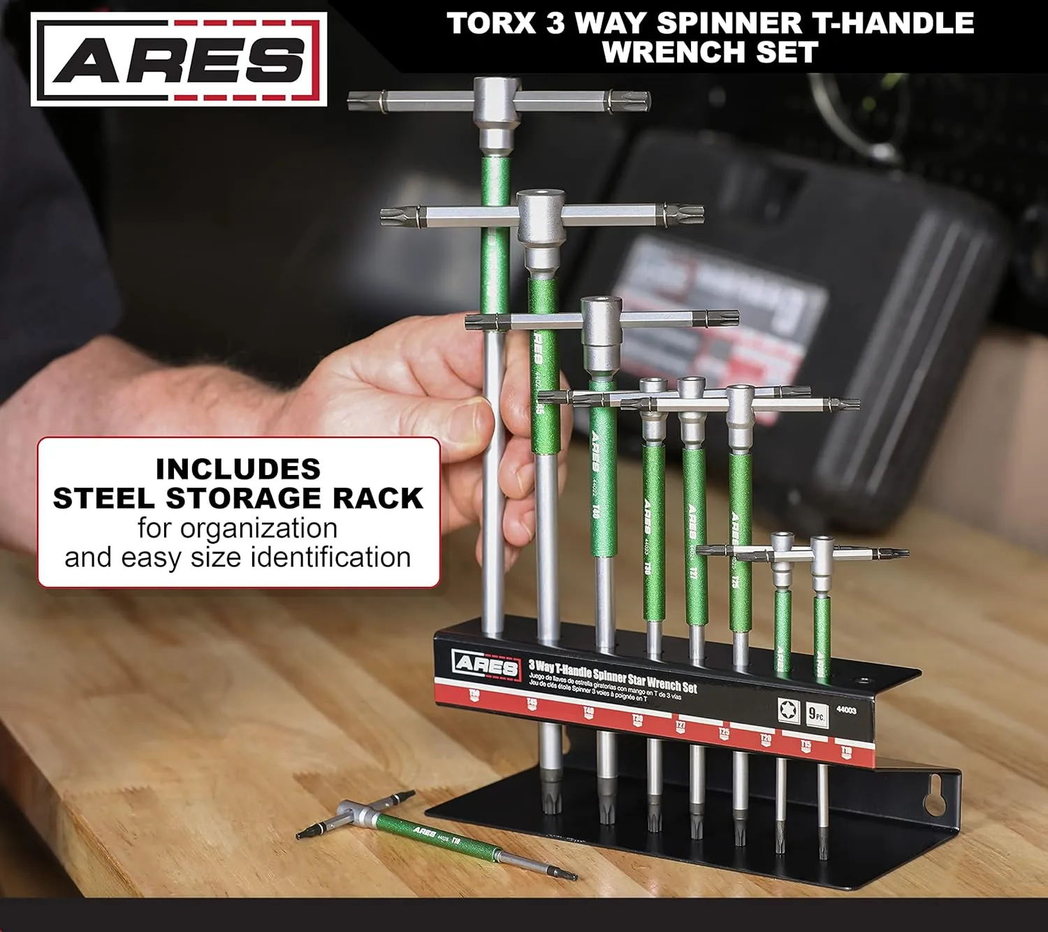 ARES 44003 – 9-Piece Torx 3-Way T-Handle Spinner Star Key Wrench Set – Sizes from T10 to T50 – Sliding Handle, Spinning Sleeve for Versatile Speed and Leverage Application – Friction Treated Tips