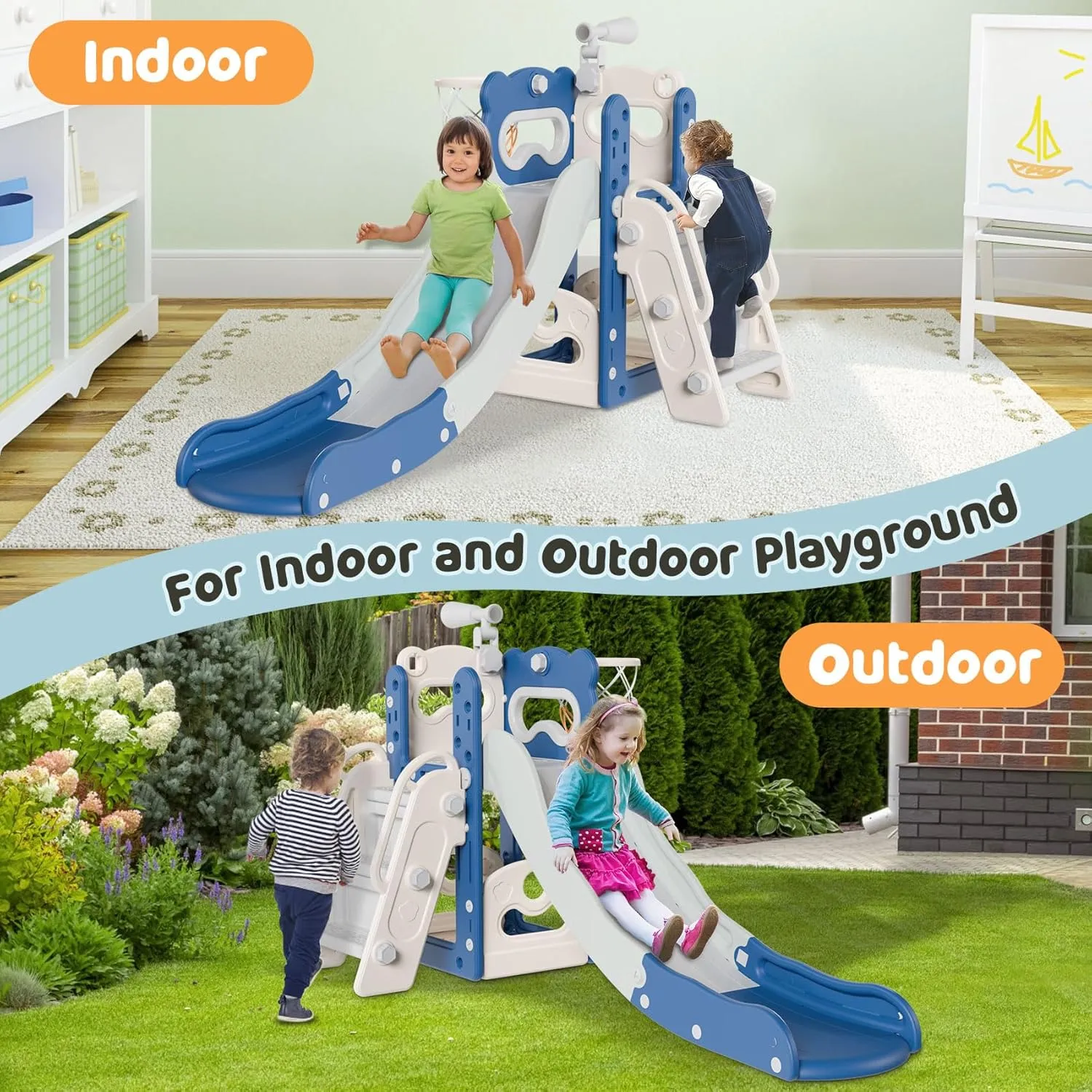 Babytronic Toddler Slide, 6 in 1 Kids Indoor Slide for Toddlers 1-3, Kids Playground for Indoor Outdoor with Basketball Hoop and Telescope, Indoor Outdoor Slide Playset (Blue&Gray)
