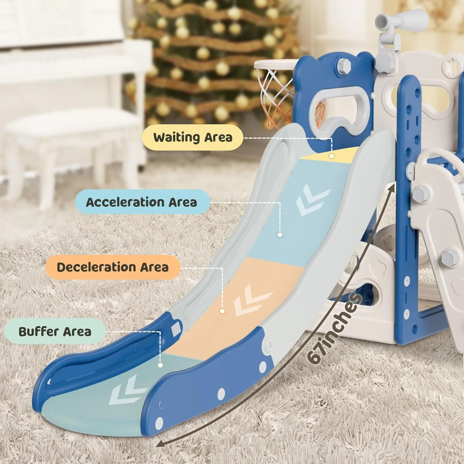 Babytronic Toddler Slide, 6 in 1 Kids Indoor Slide for Toddlers 1-3, Kids Playground for Indoor Outdoor with Basketball Hoop and Telescope, Indoor Outdoor Slide Playset (Blue&Gray)