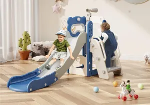 Babytronic Toddler Slide, 6 in 1 Kids Indoor Slide for Toddlers 1-3, Kids Playground for Indoor Outdoor with Basketball Hoop and Telescope, Indoor Outdoor Slide Playset (Blue&Gray)