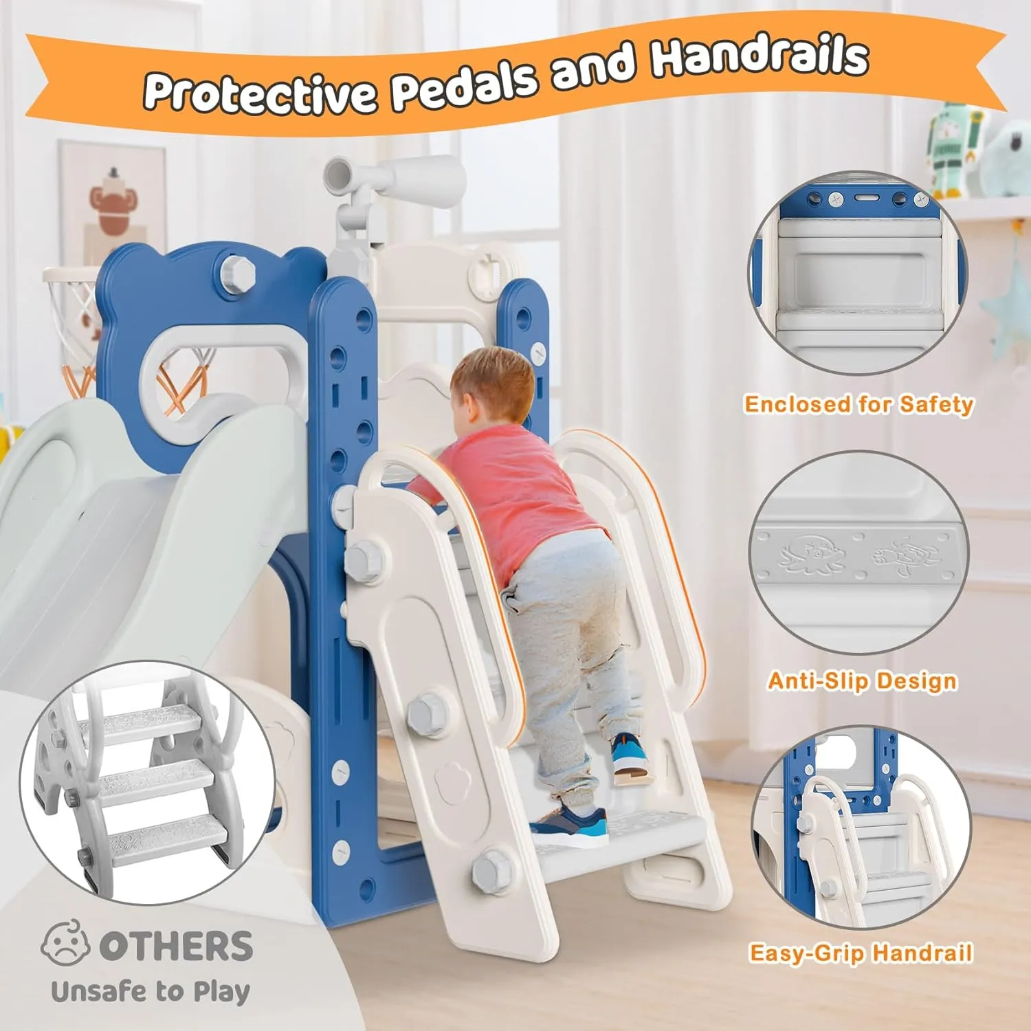 Babytronic Toddler Slide, 6 in 1 Kids Indoor Slide for Toddlers 1-3, Kids Playground for Indoor Outdoor with Basketball Hoop and Telescope, Indoor Outdoor Slide Playset (Blue&Gray)