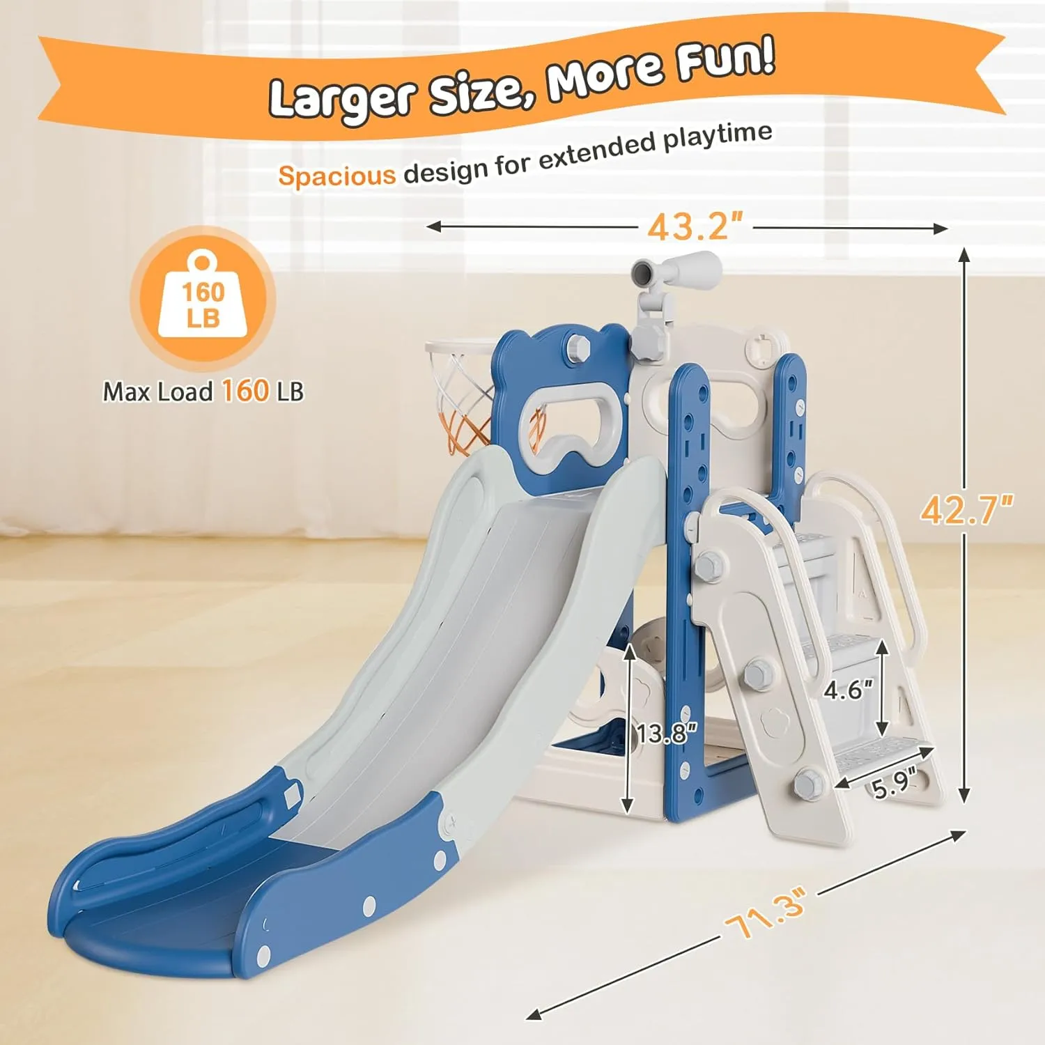Babytronic Toddler Slide, 6 in 1 Kids Indoor Slide for Toddlers 1-3, Kids Playground for Indoor Outdoor with Basketball Hoop and Telescope, Indoor Outdoor Slide Playset (Blue&Gray)