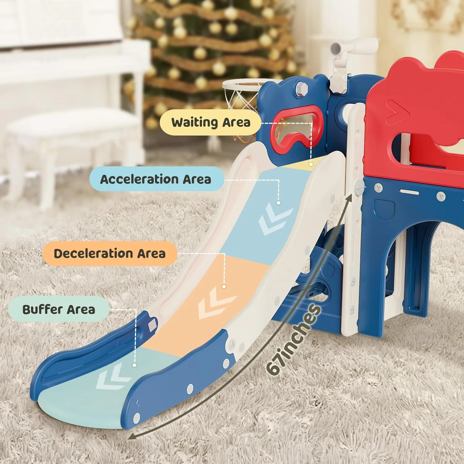 Babytronic Toddler Slide, 7 in 1 Kids Slide for Toddler 1-3, Indoor Outdoor Playset with Basketball Hoop and Telescope, Baby Indoor Outdoor Playground(Blue&Red)