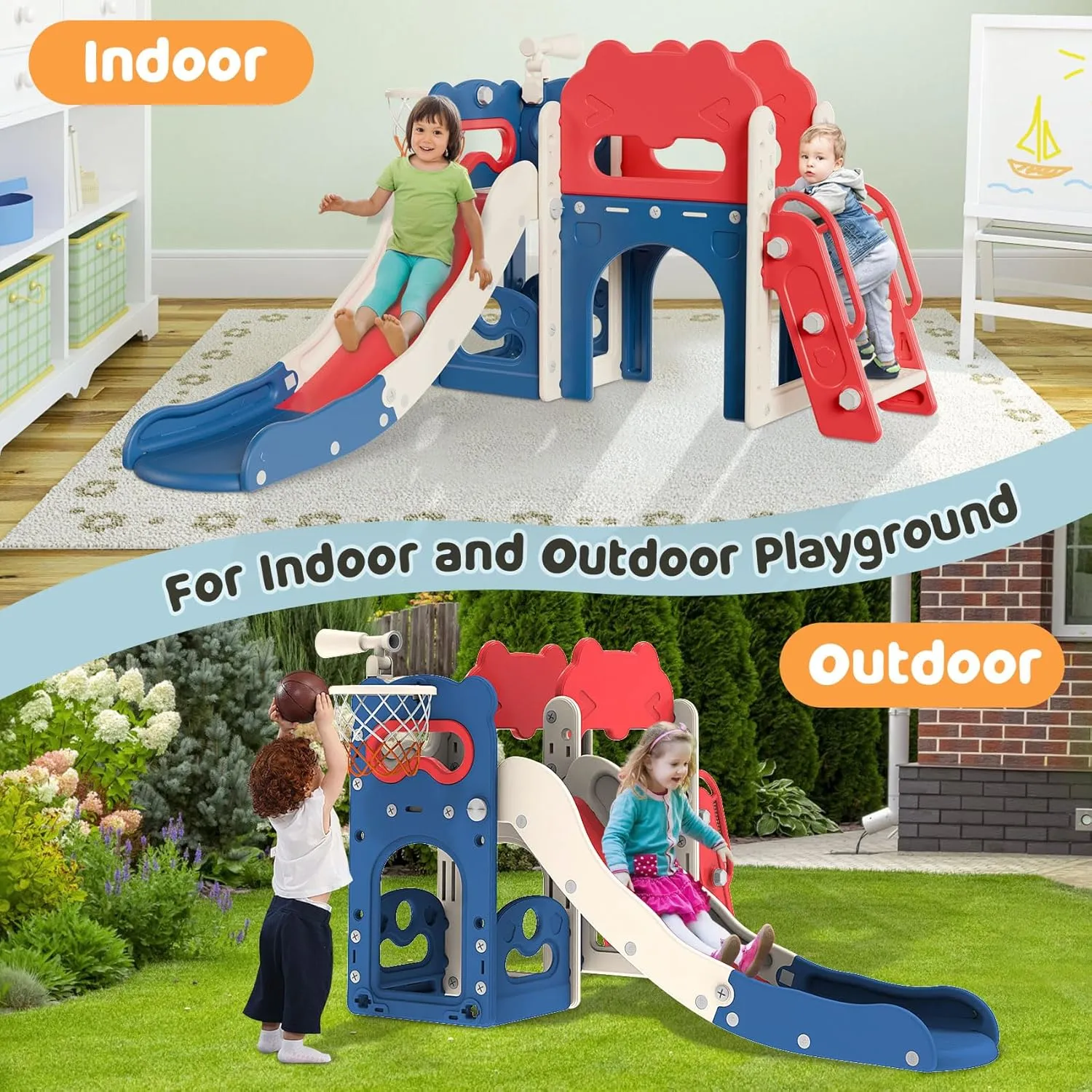 Babytronic Toddler Slide, 7 in 1 Kids Slide for Toddler 1-3, Indoor Outdoor Playset with Basketball Hoop and Telescope, Baby Indoor Outdoor Playground(Blue&Red)