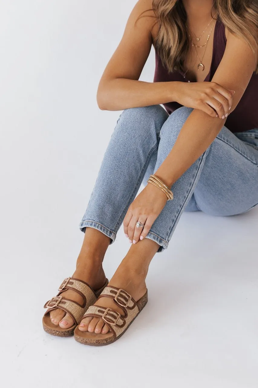 Bamboo Champion Tan Double Buckle Slide Sandals