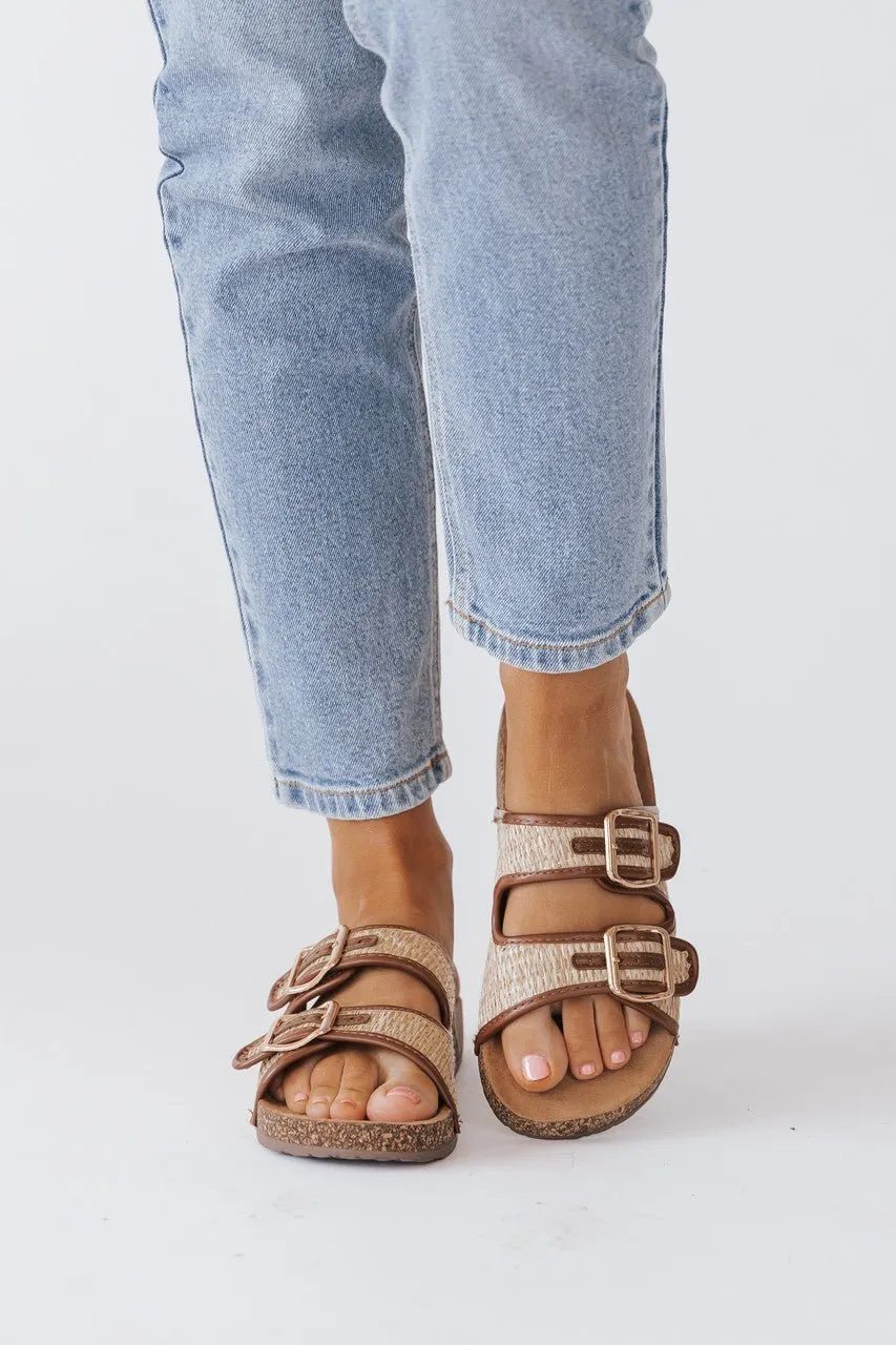 Bamboo Champion Tan Double Buckle Slide Sandals