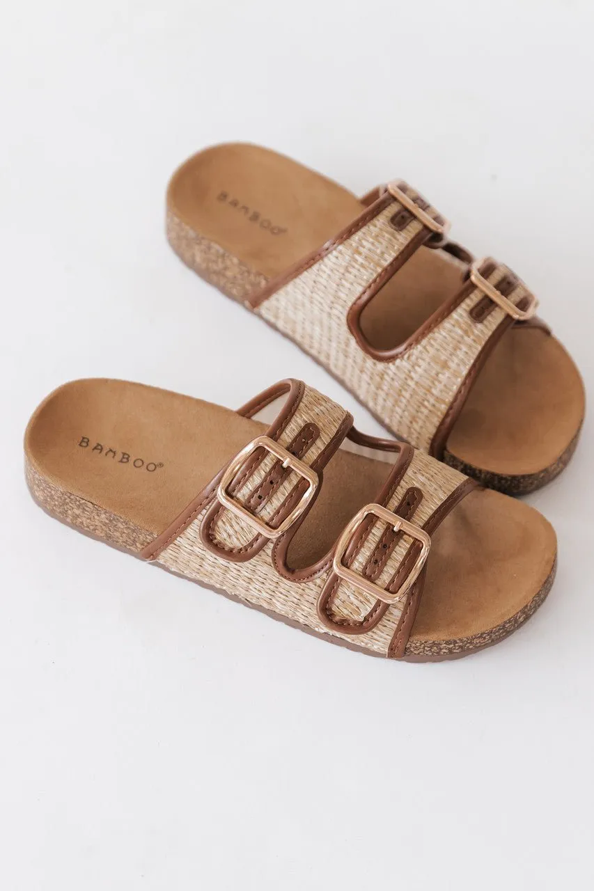 Bamboo Champion Tan Double Buckle Slide Sandals