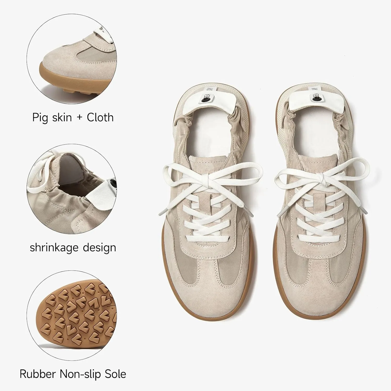 BEAU TODAY Women’s Flat Sneakers, Retro Comfortable Lace-up Fashion Sneakers for Women, Buckle Decoration Casual Leather Walking Shoes