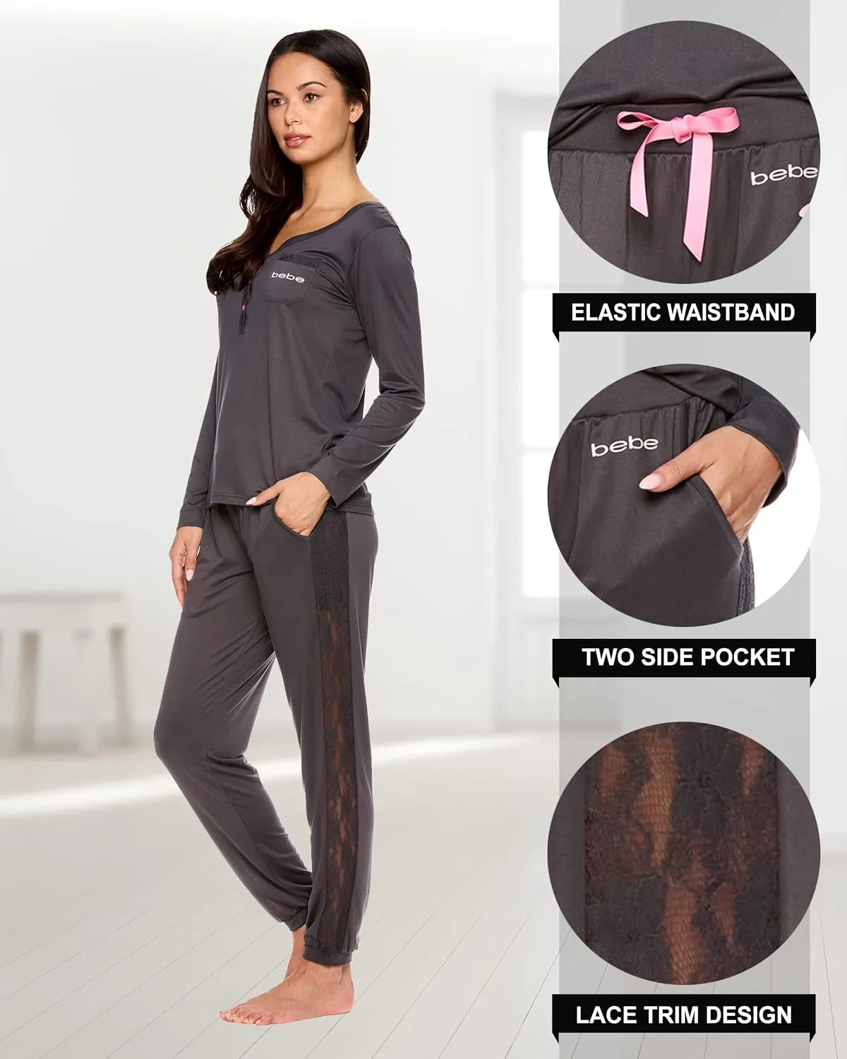 bebe Womens Pajama Set with Pockets - Long Sleeve Shirt and Pajama Pants Pj Set