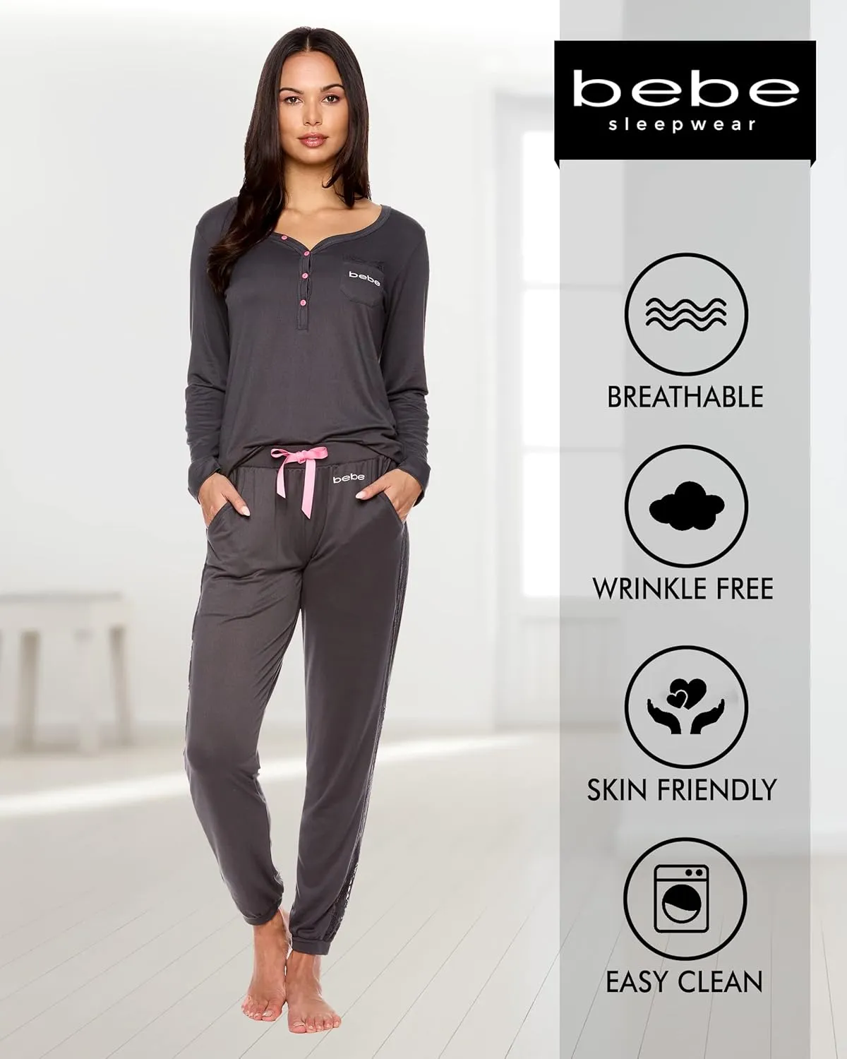 bebe Womens Pajama Set with Pockets - Long Sleeve Shirt and Pajama Pants Pj Set