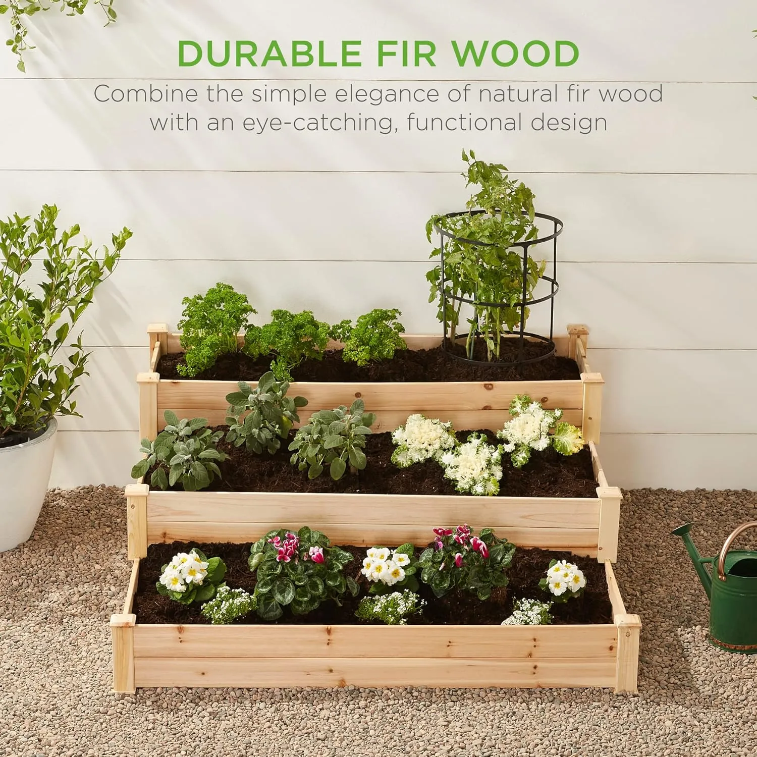 Best Choice Products 3-Tier Fir Wood Raised Garden Bed Planter Kit for Plants, Herbs, Vegetables, Outdoor Gardening w/Stackable & Flat Arrangement, Easy Assembly - Natural