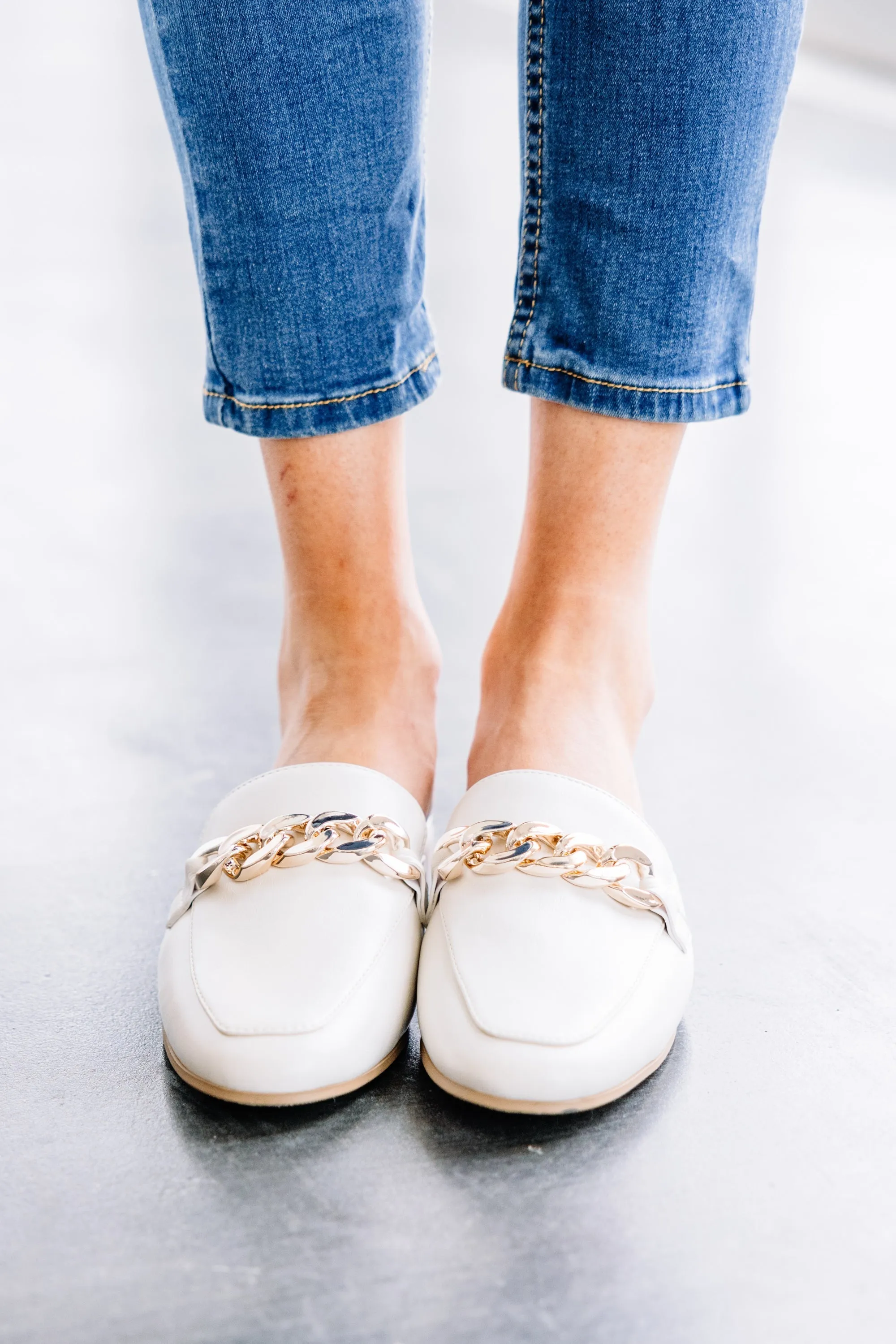Bone White Chain Flat Mules