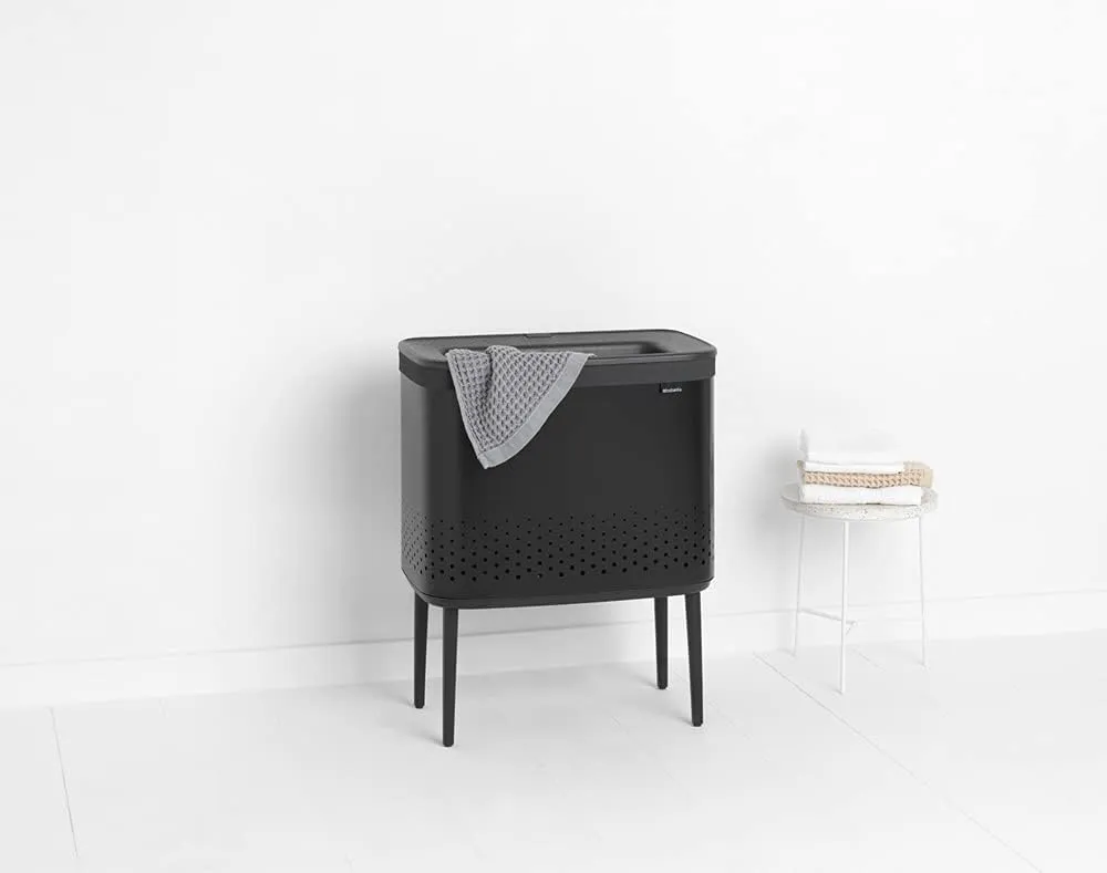 Brabantia Bo Laundry Hamper (Matt Black) Removable Laundry Bag 16 Gal, Ventilated Stylish Discreet Dirty Clothes Holder, Flat Back, Anti-Rust Materials for Bathroom Use