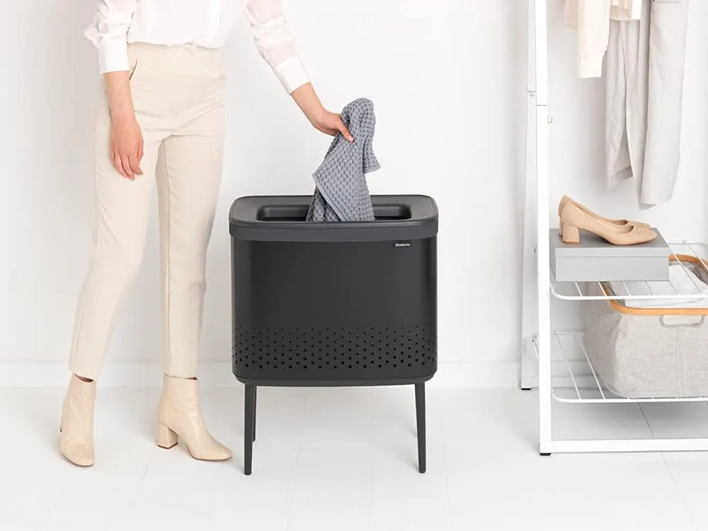 Brabantia Bo Laundry Hamper (Matt Black) Removable Laundry Bag 16 Gal, Ventilated Stylish Discreet Dirty Clothes Holder, Flat Back, Anti-Rust Materials for Bathroom Use