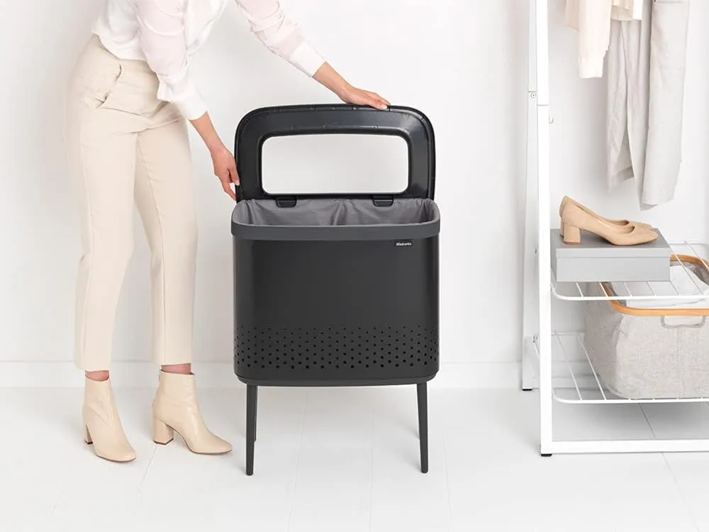 Brabantia Bo Laundry Hamper (Matt Black) Removable Laundry Bag 16 Gal, Ventilated Stylish Discreet Dirty Clothes Holder, Flat Back, Anti-Rust Materials for Bathroom Use