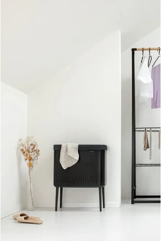 Brabantia Bo Laundry Hamper (Matt Black) Removable Laundry Bag 16 Gal, Ventilated Stylish Discreet Dirty Clothes Holder, Flat Back, Anti-Rust Materials for Bathroom Use