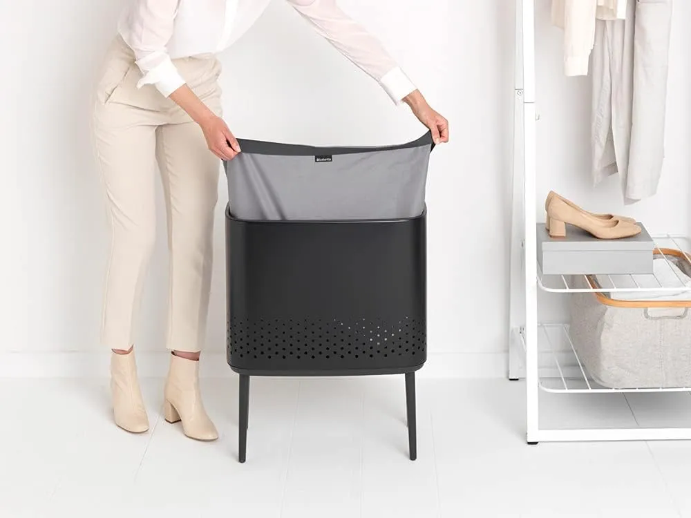 Brabantia Bo Laundry Hamper (Matt Black) Removable Laundry Bag 16 Gal, Ventilated Stylish Discreet Dirty Clothes Holder, Flat Back, Anti-Rust Materials for Bathroom Use