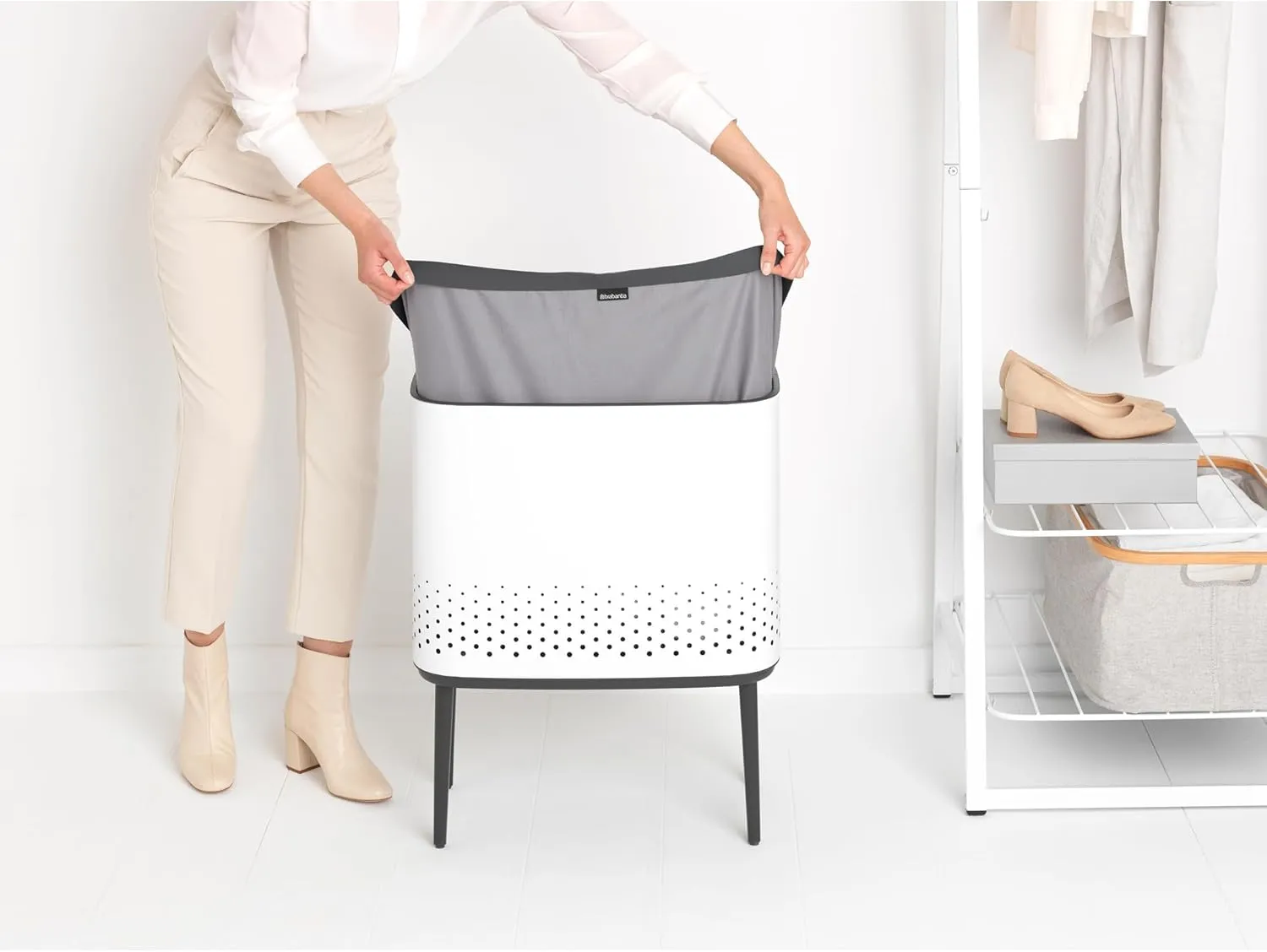 Brabantia Bo Laundry Hamper (White) Removable Laundry Bag 16 Gal, Ventilated Stylish Discreet Dirty Clothes Holder, Flat Back, Anti-Rust Materials for Bathroom Use