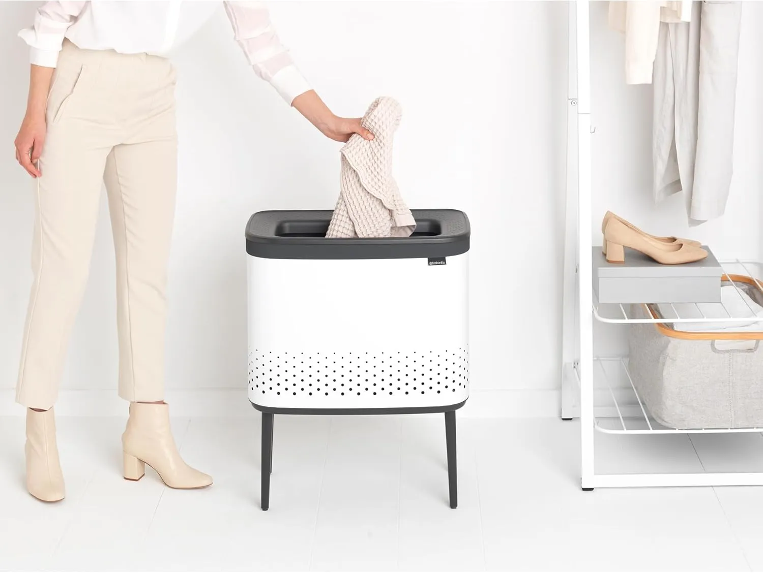 Brabantia Bo Laundry Hamper (White) Removable Laundry Bag 16 Gal, Ventilated Stylish Discreet Dirty Clothes Holder, Flat Back, Anti-Rust Materials for Bathroom Use