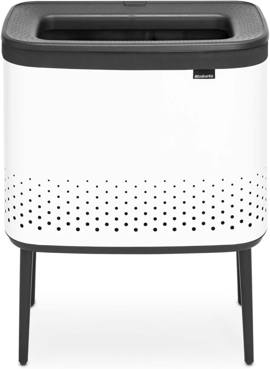 Brabantia Bo Laundry Hamper (White) Removable Laundry Bag 16 Gal, Ventilated Stylish Discreet Dirty Clothes Holder, Flat Back, Anti-Rust Materials for Bathroom Use