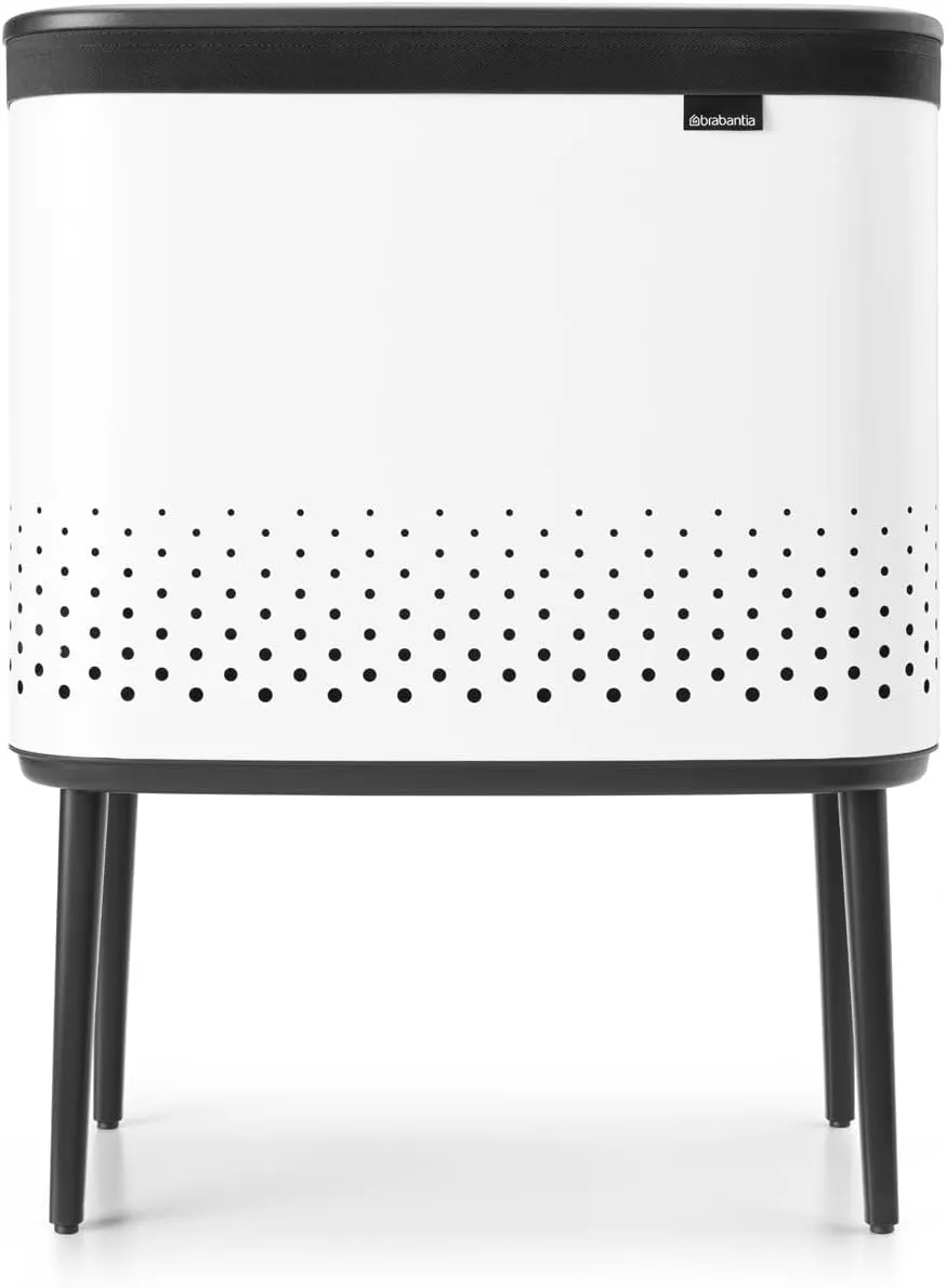 Brabantia Bo Laundry Hamper (White) Removable Laundry Bag 16 Gal, Ventilated Stylish Discreet Dirty Clothes Holder, Flat Back, Anti-Rust Materials for Bathroom Use
