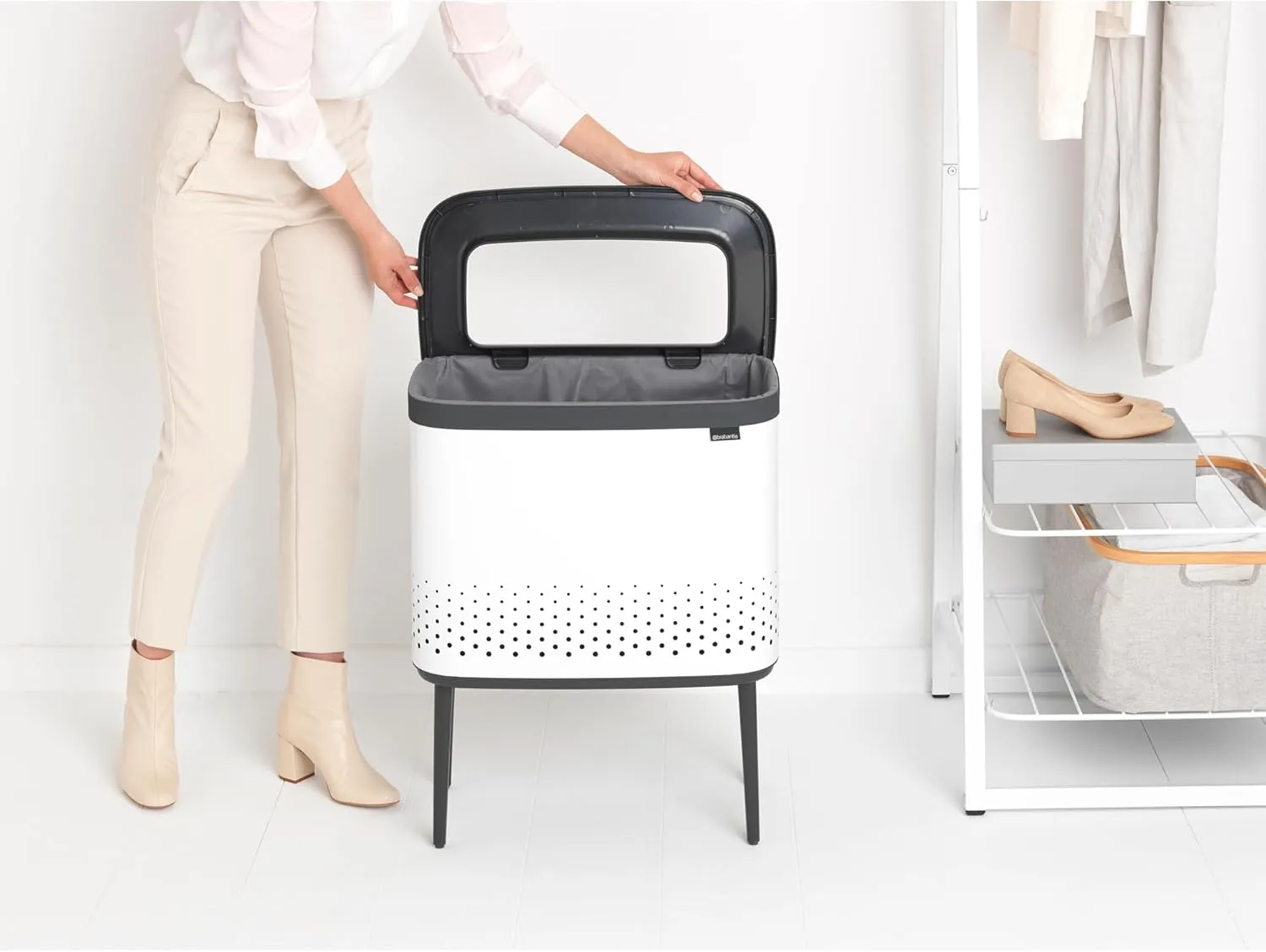 Brabantia Bo Laundry Hamper (White) Removable Laundry Bag 16 Gal, Ventilated Stylish Discreet Dirty Clothes Holder, Flat Back, Anti-Rust Materials for Bathroom Use