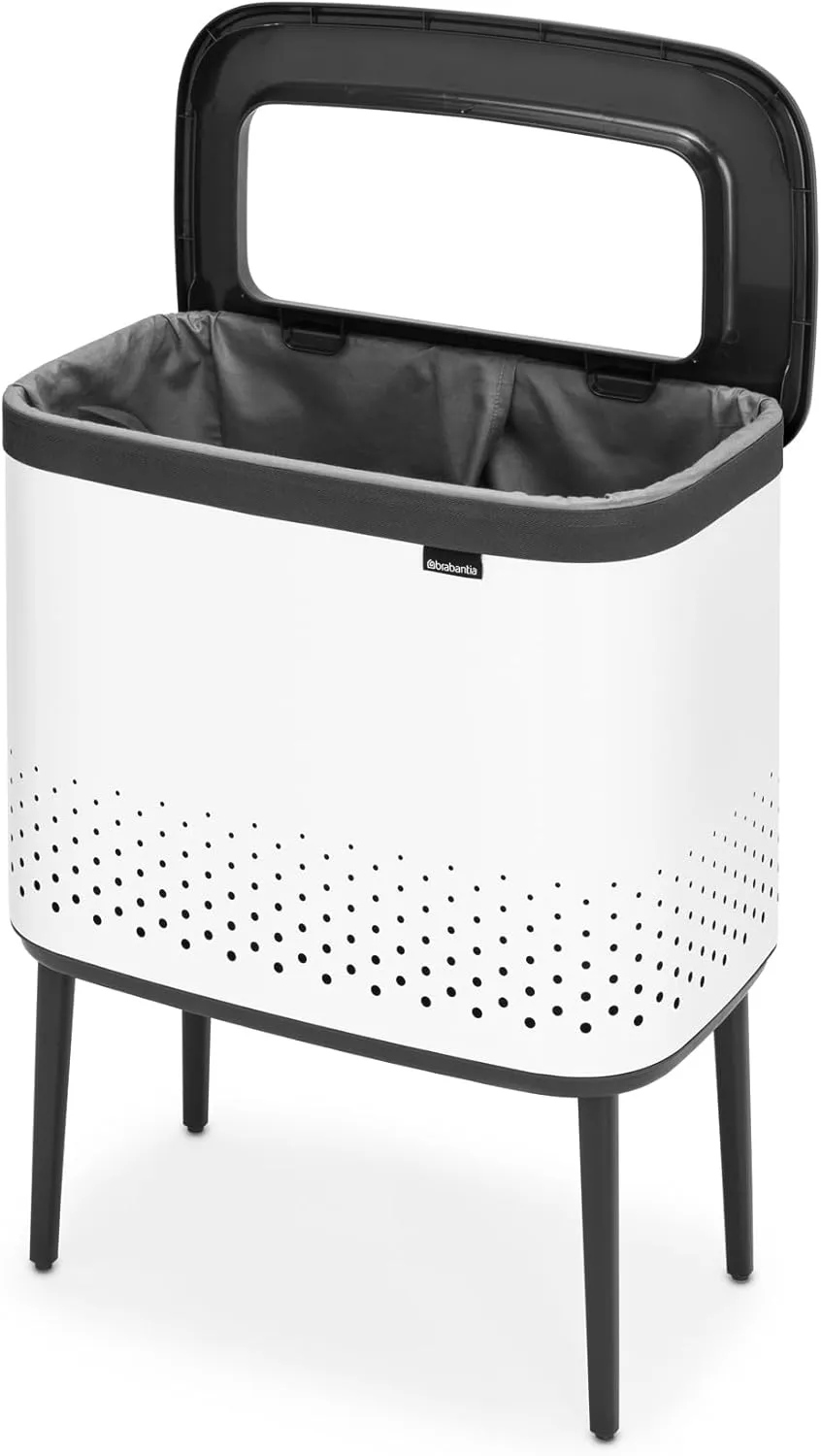 Brabantia Bo Laundry Hamper (White) Removable Laundry Bag 16 Gal, Ventilated Stylish Discreet Dirty Clothes Holder, Flat Back, Anti-Rust Materials for Bathroom Use