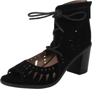 Breckelles Gabby Lasercut Stacked Chunky Heel Peep Toe Sandal (Black, 6)