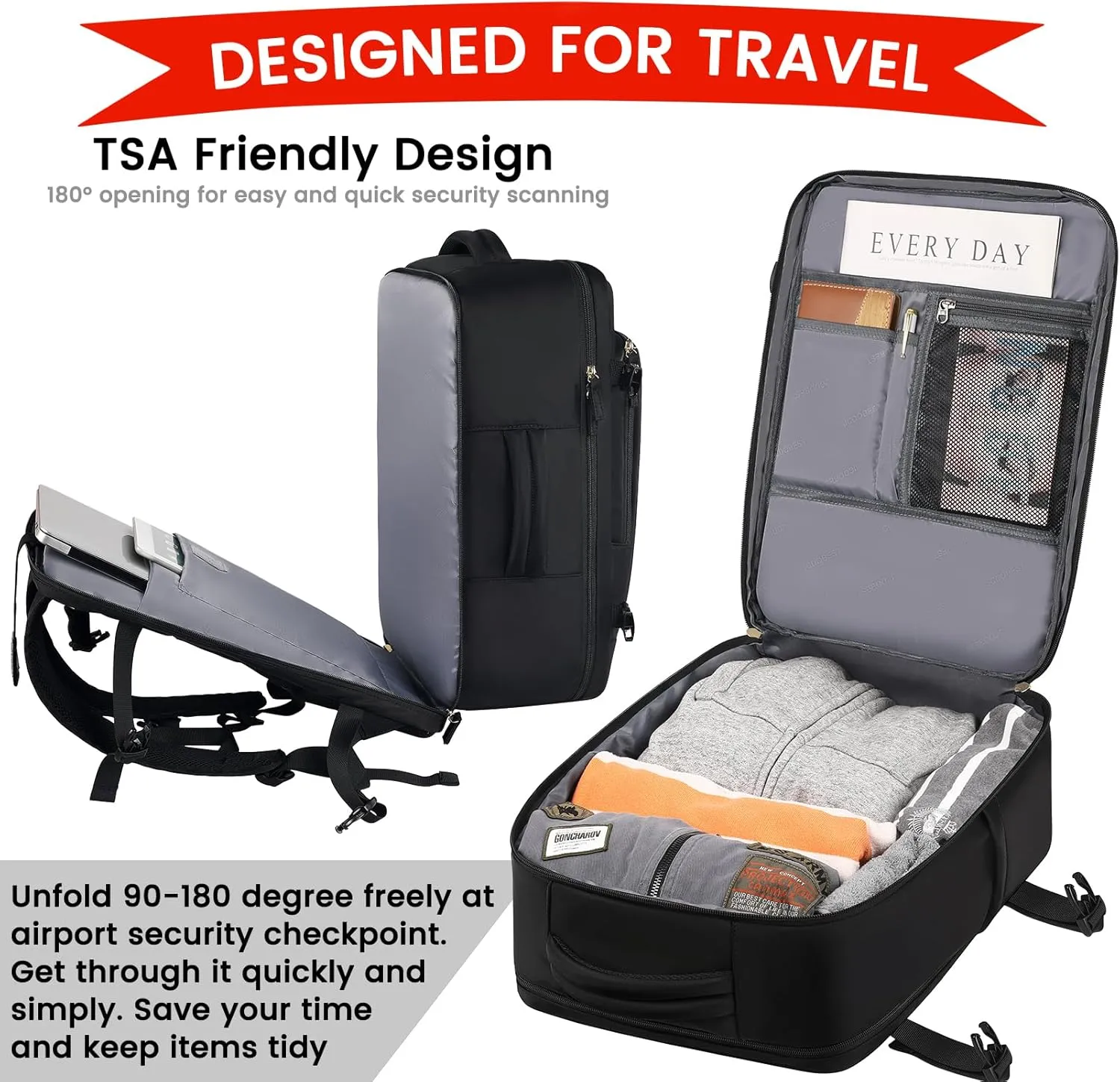Carry on Backpack, Flight Approved Travel Backpack with USB Charge Port, TSA 15.6 Inch Anti-Theft Laptop Backpack Lightweight Daypack College Weekender Overnight Bag, 16.8*11.4*7inch,Black