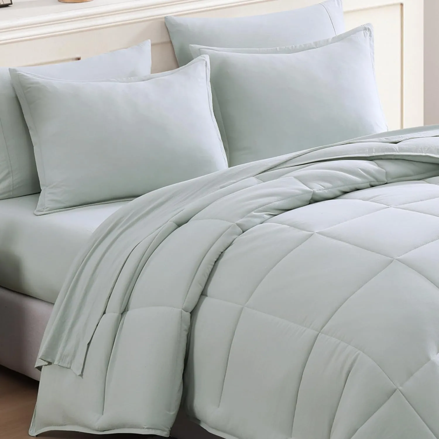 Casa Platino Queen Bed Set with Comforter and Sheets Pre-Washed – 7 Piece Comforter Set Queen – Soft Queen Bedding Set with Comforter, Flat Sheet, Fitted Sheet, 2 Pillowcases & 2 Shams - Mineral