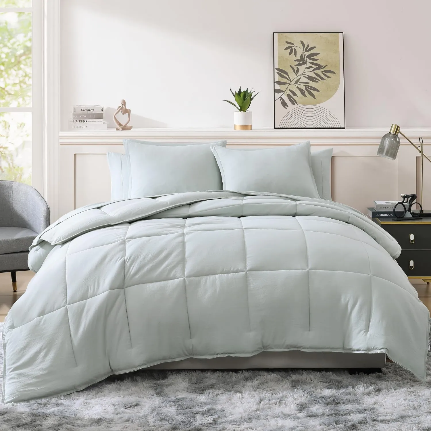 Casa Platino Queen Bed Set with Comforter and Sheets Pre-Washed – 7 Piece Comforter Set Queen – Soft Queen Bedding Set with Comforter, Flat Sheet, Fitted Sheet, 2 Pillowcases & 2 Shams - Mineral